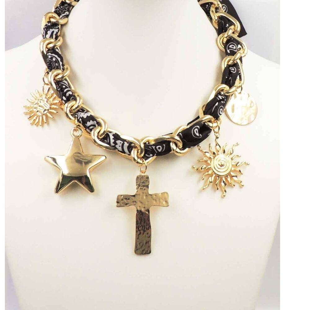 Black Scarf Necklace | Gold Interlocking Chain with Sun, Star & Cross Charms